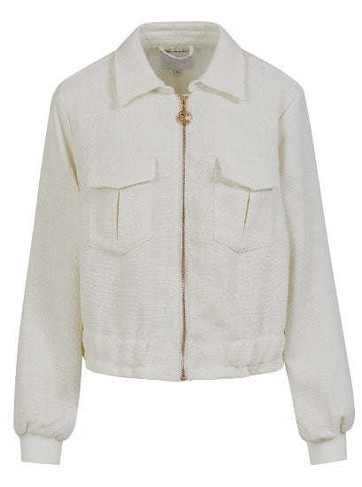 Kurze weiße Jacke, dänischer Style, aufgesetzte Taschen, goldener Reißverschlus